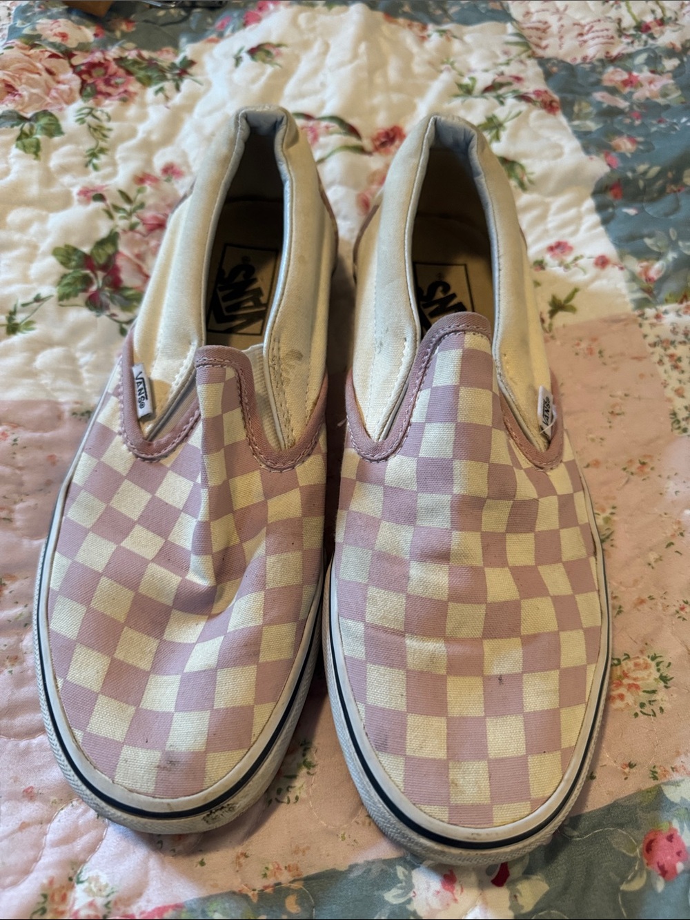 Vans Slip-On Checkerboard Sneakers in Pastel Purple and Cream
